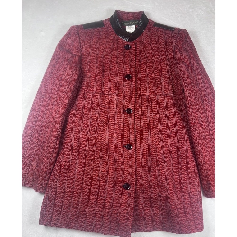 Harve Benard Coat Womens 8 Red‎ Wool Herringbone Faux Leather Trim Mid Length